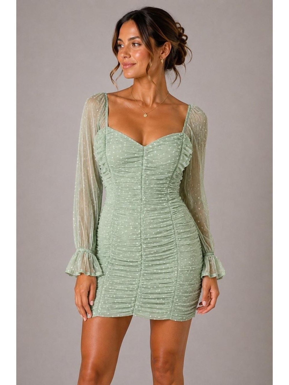 HAUTE MONDE Sheer Ruched Sage Green Long-Sleeve Dress